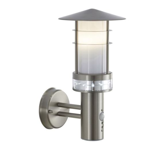 Saxby Pagoda Pir 1Lt Wall Ip44 9.2W & 0.05W in Brushed Stainless Steel & Frosted Pc