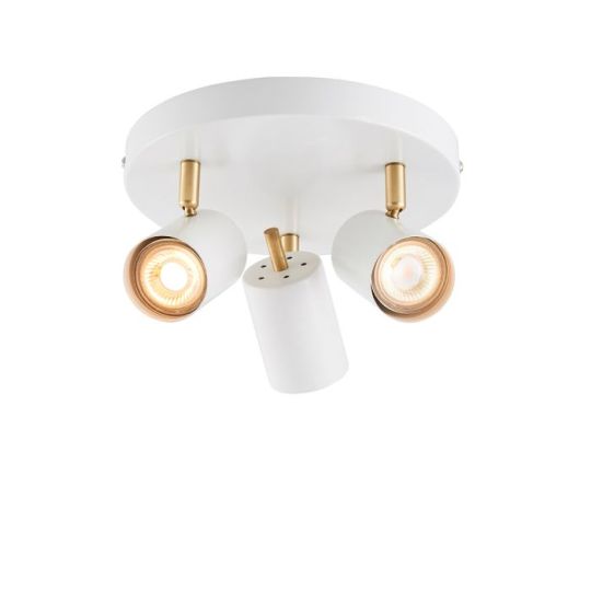 Gull 3 Light Round Spotlight in Matt White Paint Finish & Satin Brass Plate Shade