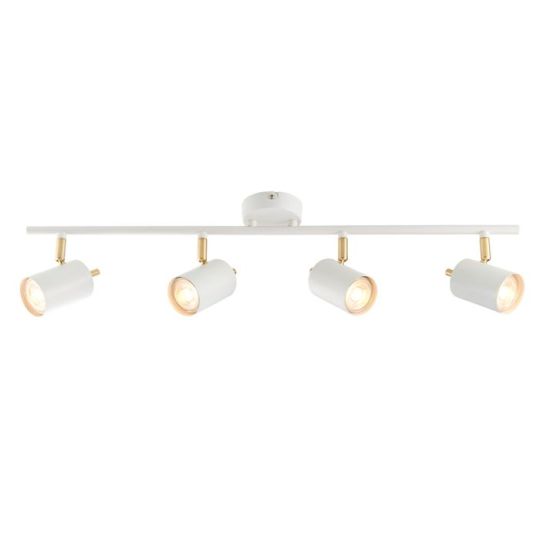 Gull 4 Light Bar Spotlight in Matt White Paint Finish & Satin Brass Plate Shade