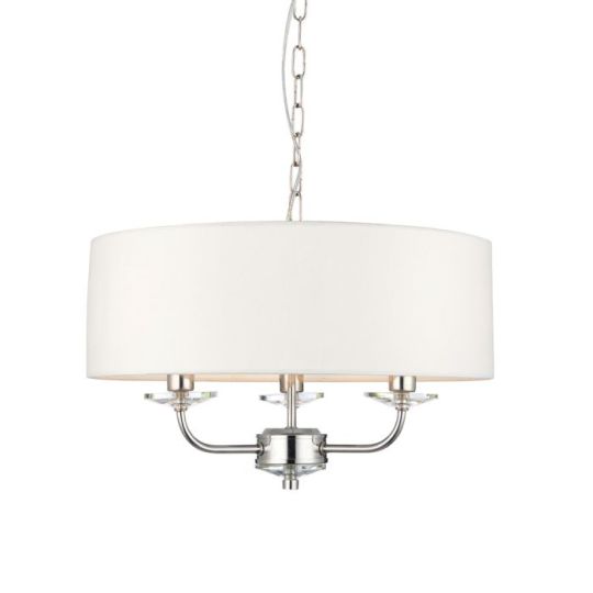 Nixon 3 Light Pendant in Bright Nickel Plate Finish & Vintage White Fabric Shade