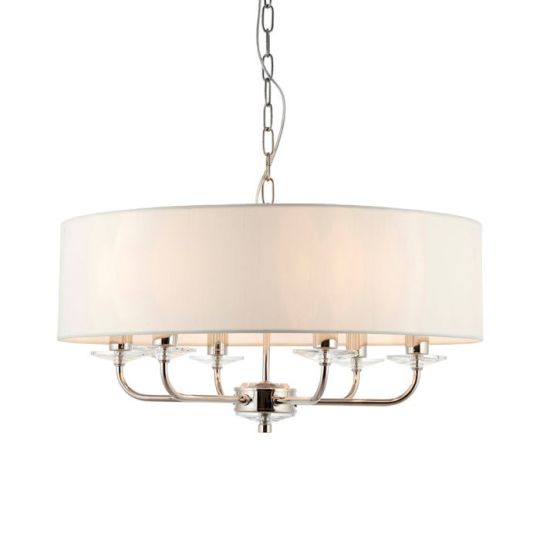 Nixon 6 Light Pendant in Bright Nickel Plate Finish & Vintage White Fabric Shade