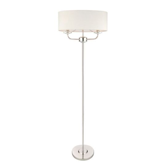 Nixon 2 Light Floor Lamp in Bright Nickel Plate Finish & Vintage White Fabric Shade