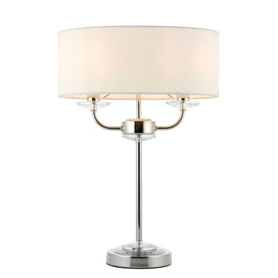 Nixon 2 Light Table Lamp in Bright Nickel Plate Finish & Vintage White Fabric Shade