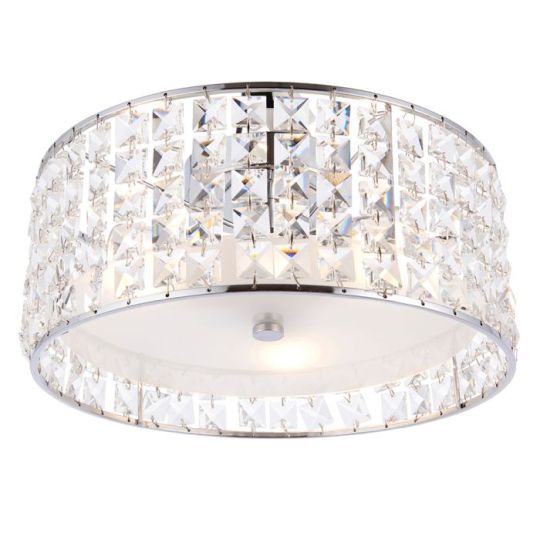 Belfont 3 Light Flush in Chrome Plate Finish with Clear Crystal & Frosted Glass Shade