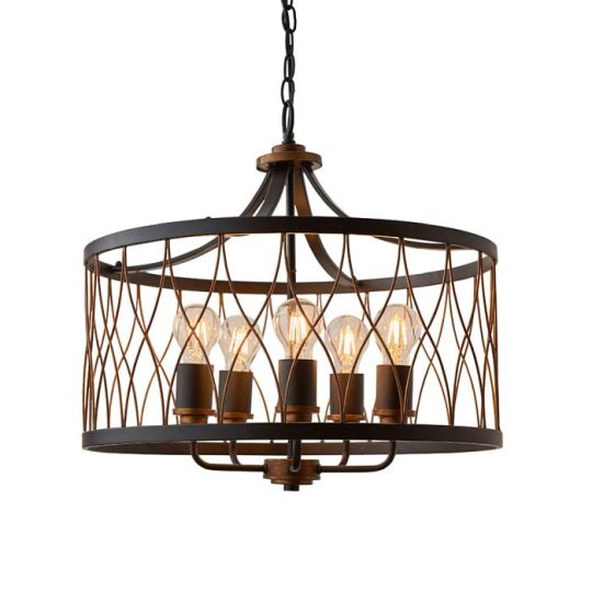 Heston 5 Light Pendant in Matt Black Finish & Rustic Bronze Paint Shade