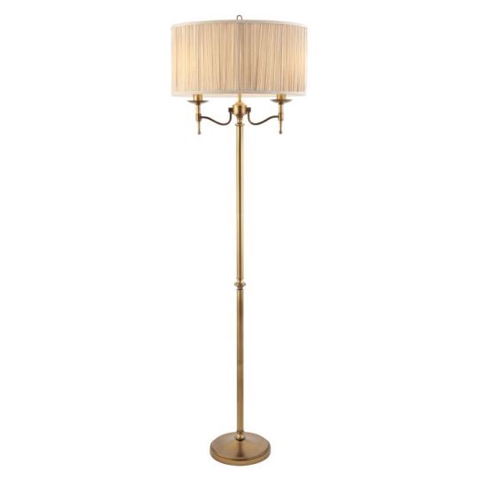 Tiffany Stanford Antique Brass 2Lt Floor in Antique Brass Plate & Beige Fabric