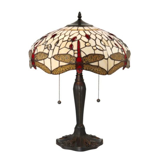 Tiffany Dragonfly Beige 2Lt Table in Tiffany Glass & Dark Bronze Finish With Highlights