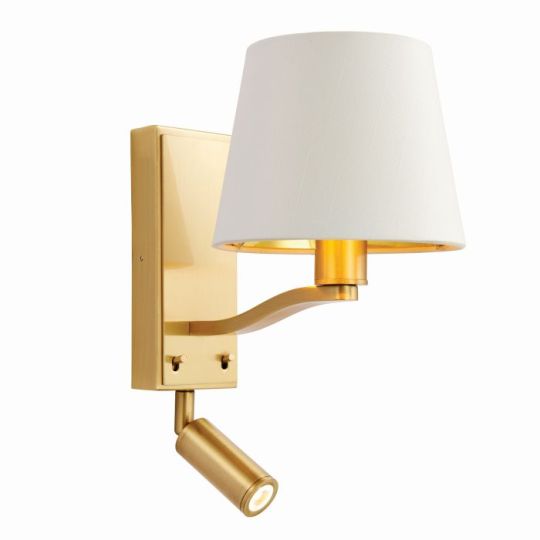 Endon Harvey 2lt Wall in Brushed Satin Gold Finish & Vintage White Fabric