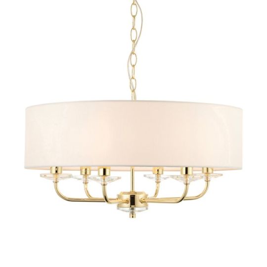 Nixon 6 Light Pendant in Brass Plate Finish & Vintage White Fabric Shade