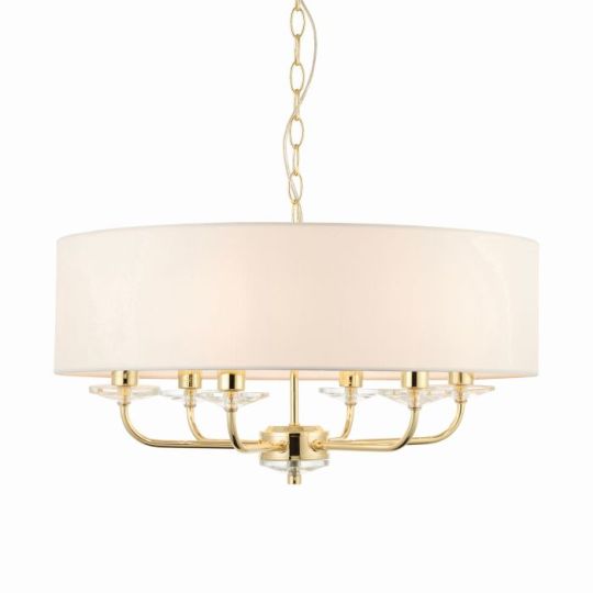 Endon Nixon 6lt Pendant in Brass Plate & Vintage White Fabric