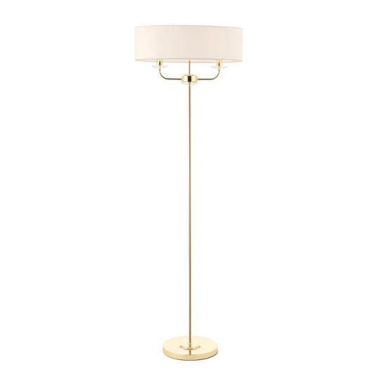 Nixon 2 Light Floor Lamp in Brass Plate Finish & Vintage White Fabric Shade