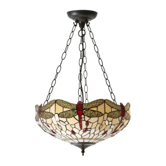 Tiffany Dragonfly Beige 3Lt Pendant in Tiffany Glass & Dark Bronze Finish With Highlights
