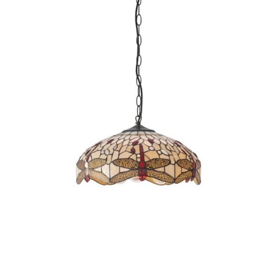 Tiffany Dragonfly Beige 3Lt Pendant in Tiffany Glass & Dark Bronze Finish With Highlights