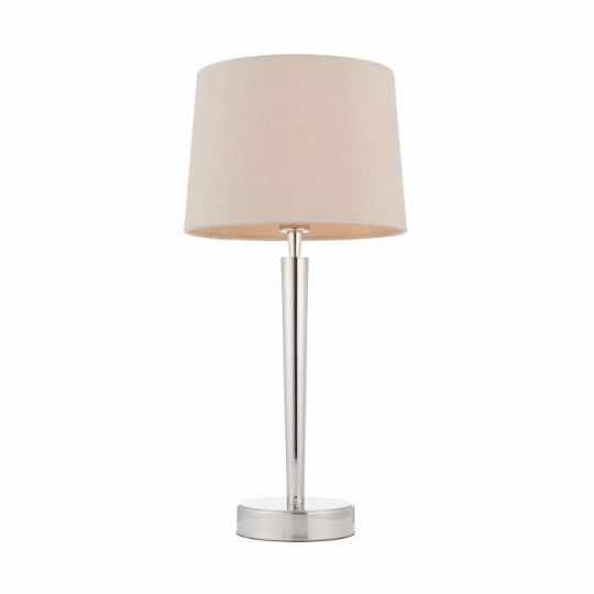 Syon USB Table Lamp in Bright Nickel Plate Finish & Mink Fabric Shade