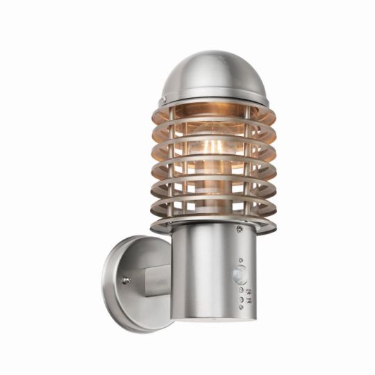 Louvre PIR & Photocell Wall Light in Brushed Stainless Steel Finish & Clear Polycarbonate Shade