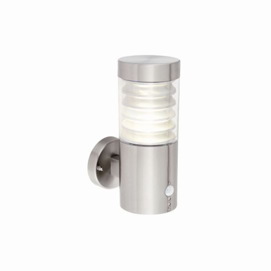 Equinox LED PIR & Photocell Wall Light in Marine Grade Brushed Stainless Steel Finish & Clear Polycarbonate Shade