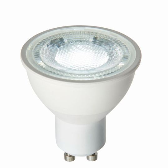 Saxby Gu10 Led Smd Dimmable 60 Degrees 7W in Matt White Plastic & Clear Prismatic Pc