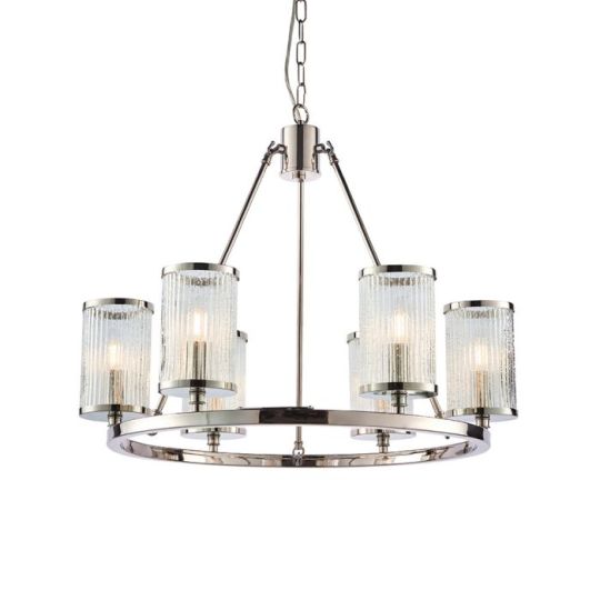 Easton 6 Light Pendant in Bright Nickel Plate Finish & Ribbed Bubble Glass Shade