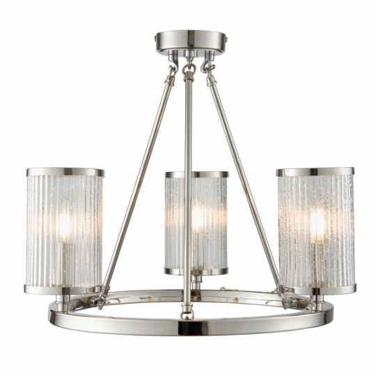 Easton 3 Light Semi Flush in Bright Nickel Plate Finish & Ribbed Bubble Glass Shade