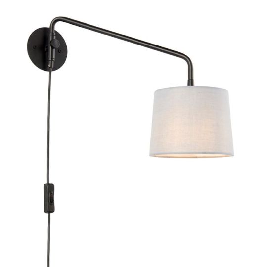 Carlson Plug In Wall Light in Matt Black Finish & Light Grey Fabric Shade