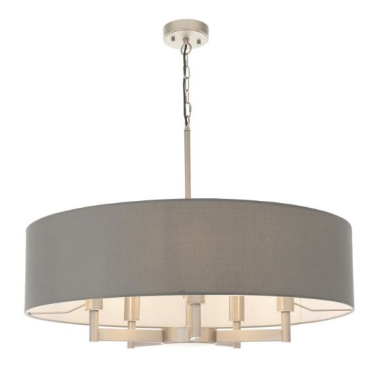 Grande 5 Light Pendant in Matt Nickel Plate Finish & Grey Fabric Shade