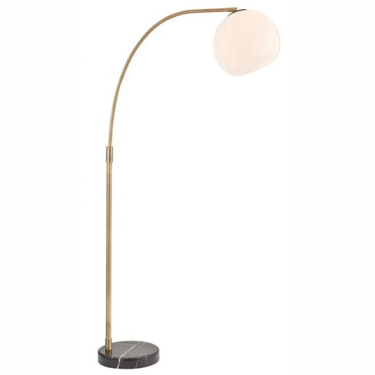 Otto Floor Lamp in Matt Antique Brass Plate Finish with Black Marble & Opal Glass Shade