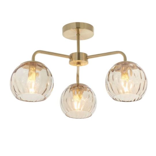 Dimple 3 Light Semi Flush in Satin Brass Plate Finish & Champagne Lustre Glass Shade