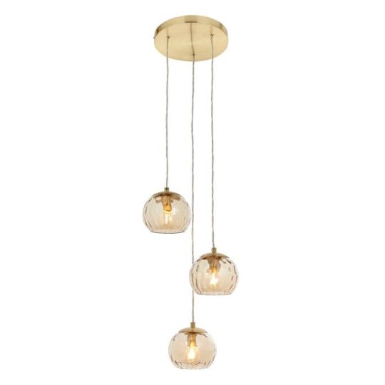 Dimple 3 Light Pendant in Satin Brass Plate Finish & Champagne Lustre Glass Shade