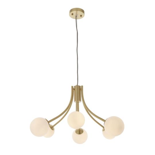 Endon Bloom 6lt Pendant in Satin Brass Plate & Opal Glass