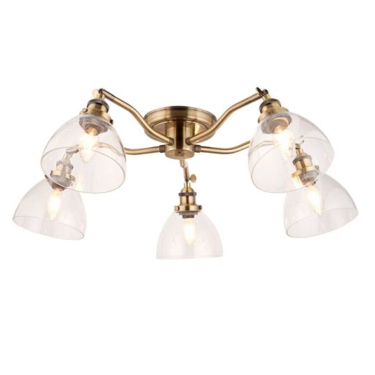 Hansen 5 Light Semi Flush in Antique Brass Plate Finish & Clear Glass Shade
