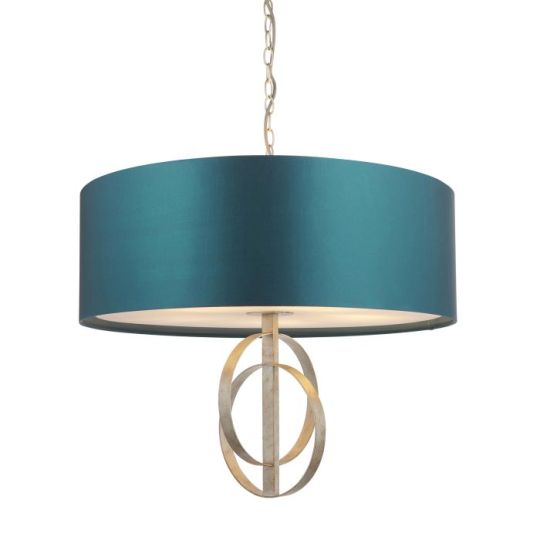Blackstone Bastonique 5 lt 650-2040mm x 700mm Multi Arm Shade Pendant Light Finished In Antique Silver Leaf & Teal Satin Fabric