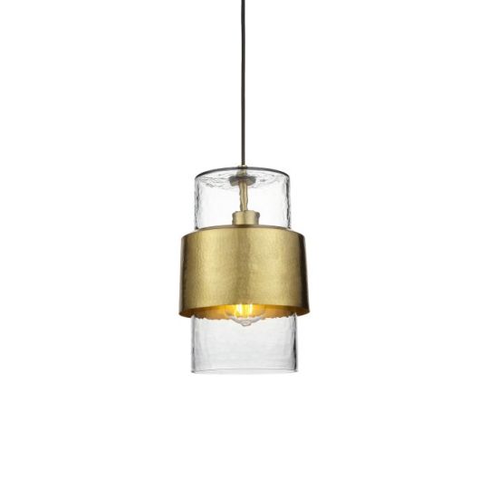 Blackstone Trumio 1 lt 450-1525mm x 195mm Single Pendant Light Finished In Hammered Brass Plate & Textured Clear Glass