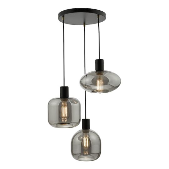 Dar Aiden 3 Light Cluster Pendant Satin Black & Smoked