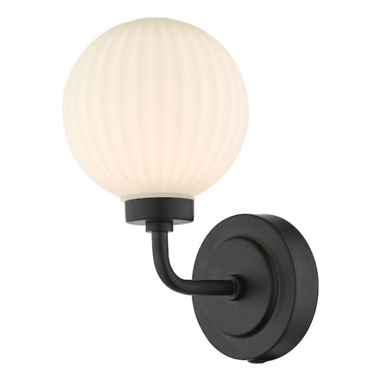 Dar Alrik Bathroom Wall Light Matt Black Opal Glass IP44
