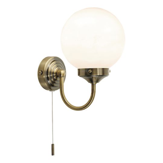 Dar Barclay Bathroom Wall Light Antique Brass Opal Glass IP44