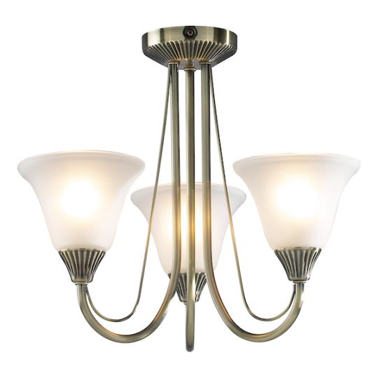 Dar Boston 3 Light Semi Flush Antique Brass complete with Glass