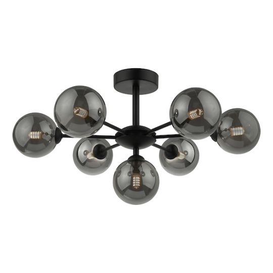 Dar Cohen 7 Light Semi Flush Matt Black Smoked Glass