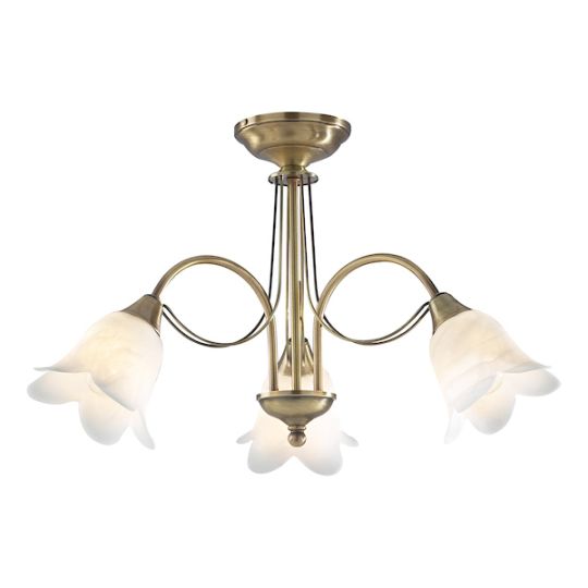 Dar Doublet 3 Light Semi Flush Antique Brass complete with Alabaster Glass
