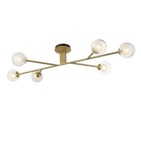 Blackstone Genesis 6 lt 230mm x 1205mm x 600mm Multi Arm Glass Semi flush Light Finished In Satin Brass Plate & Clear/Frosted Glass