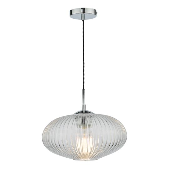 Dar Edmond 1 Light Single Pendant Polished Chrome Ribbed Glass