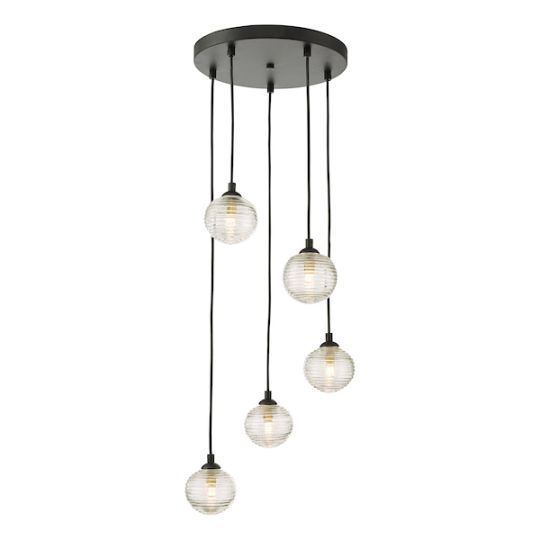 Dar Federico 5 Light Cluster Pendant Black Clear Ribbed Glass