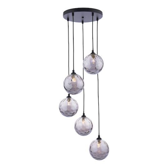Dar Federico 5 Light Cluster Pendant Matt Black Smoked Dimpled 150mm Glass