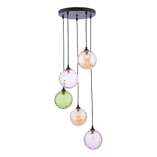 Dar Federico 5 Light Cluster Pendant Matt Black Mixed Coloured Dimpled 150mm Glass