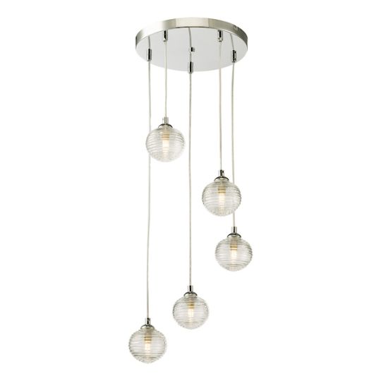Dar Federico 5 Light Cluster Pendant Polished Chrome Clear Ribbed Glass