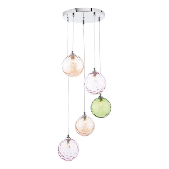 Dar Federico 5 Light Cluster Pendant Polished Chrome Mixed Coloured Dimpled 150mm Glass