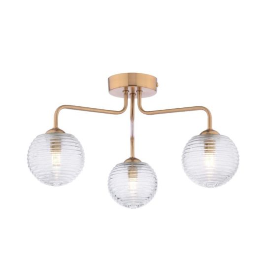 Dar Feya 3 Light Semi-Flush Antique Bronze & Ribbed Glass