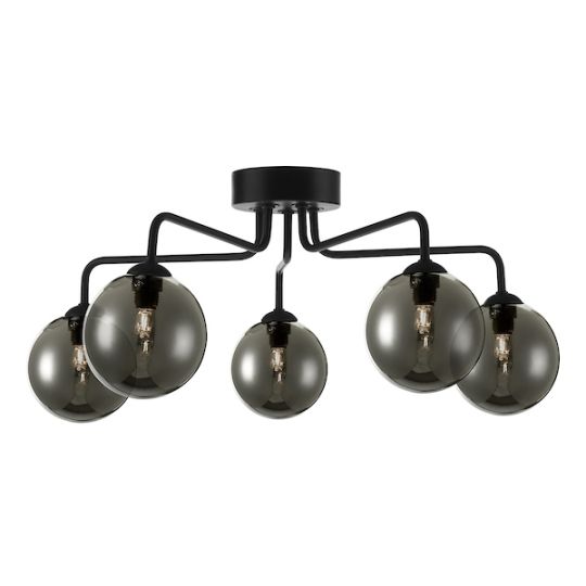 Dar Feya 5 Light Semi Flush Matt Black Smoked Glass