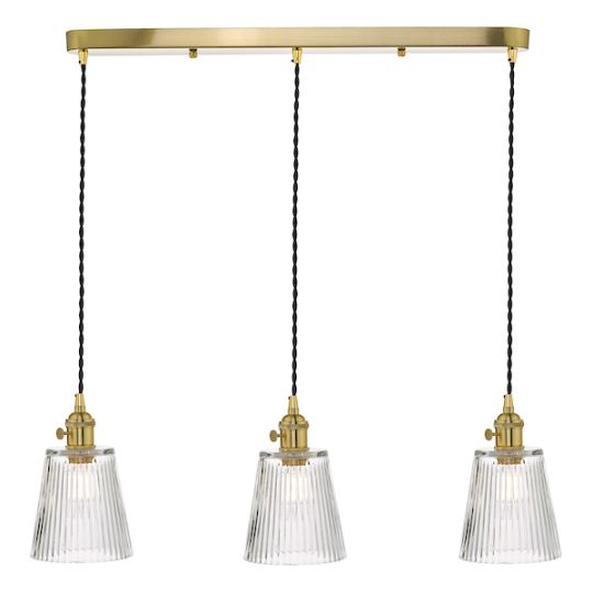 Dar Hadano 3 Light Brass Suspension With Ribbed Glass Shades