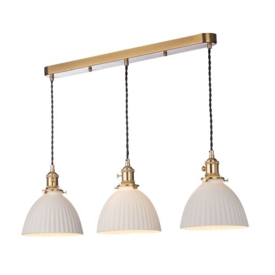 Dar Hadano 3 Light Bar Pendant Natural Brass & Ceramic Domed Shade