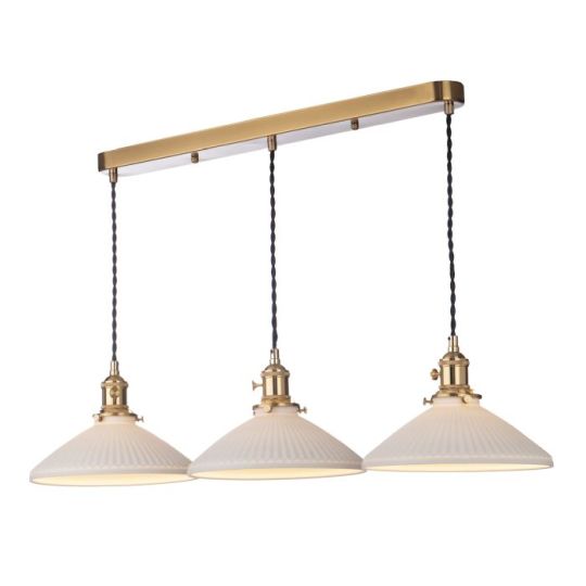 Dar Hadano 3 Light Bar Pendant Natural Brass & Ceramic Shallow Shade